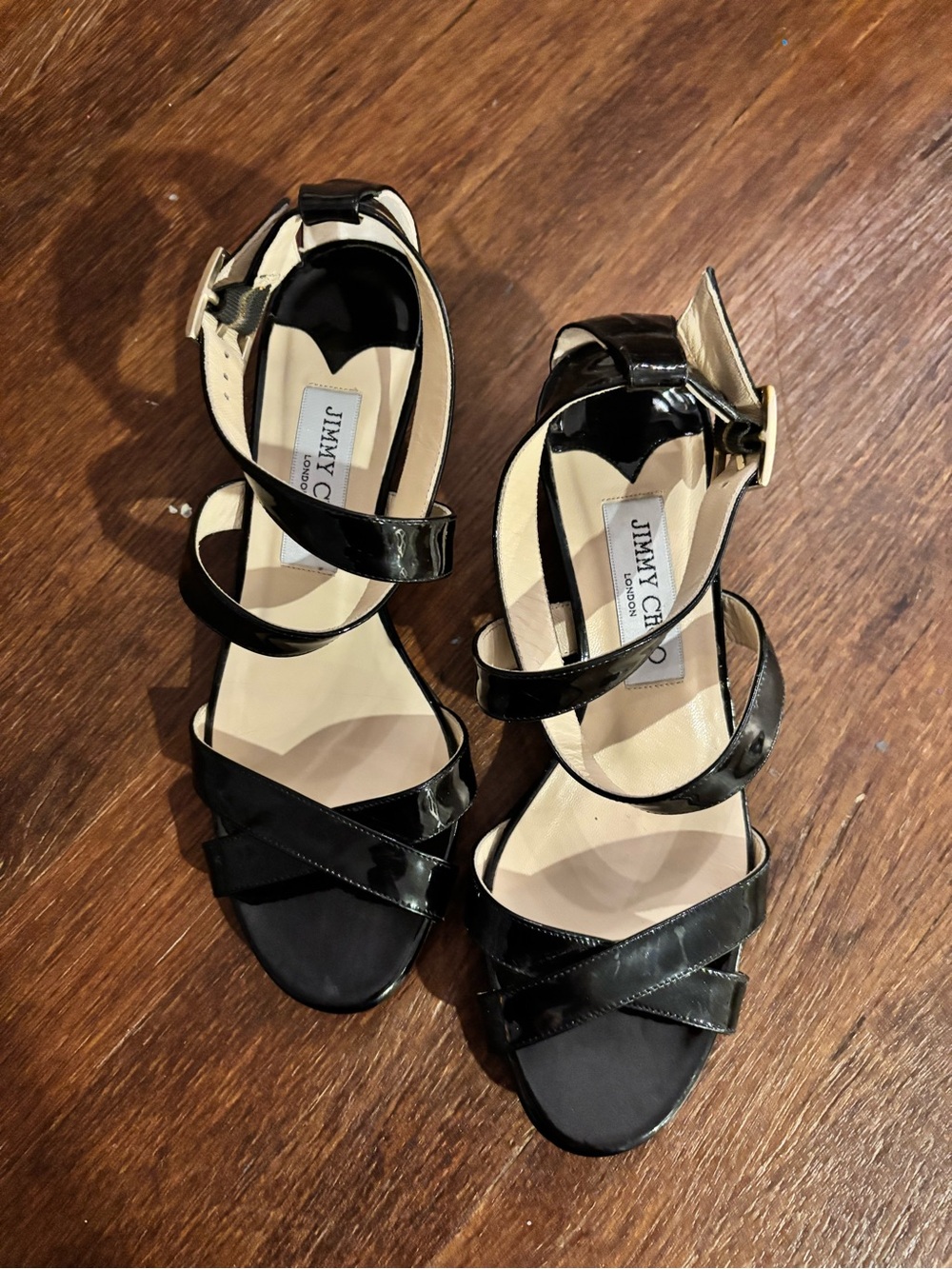 Jimmy Choo Black Patent Leather Strappy Heels with Ankle Buckle